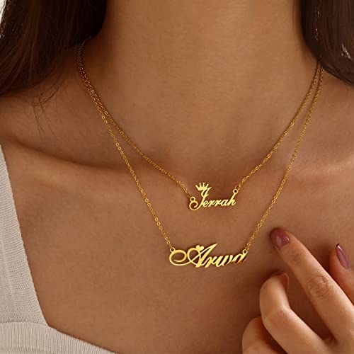 Name Necklace Personalized for Women : 18K Gold Plated Custom Name Necklace Chain Name Plate Choker Necklace Customized Gift Idea for Women Girl Female Friends Girlfriend BFF, Gold Plated/Silver - style: 2-layered two names