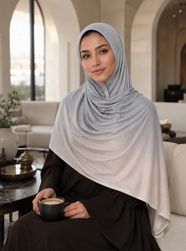 Premium Stretch Cotton Gradient Scarf for Women, Soft Jersey Wrap Shawl, Lightweight Ombre Hijab for Everyday Wear - color: Mctlo2537-grey
