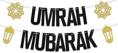 Umrah Mubarak Banner, Eid Party Decorations, Gold Black, 3.0x5.0 inches - color: Gold Black