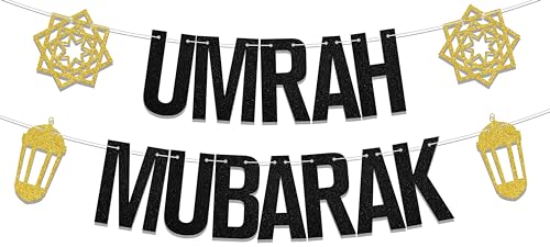 Umrah Mubarak Banner, Eid Party Decorations, Gold Black, 3.0x5.0 inches - color: Gold Black
