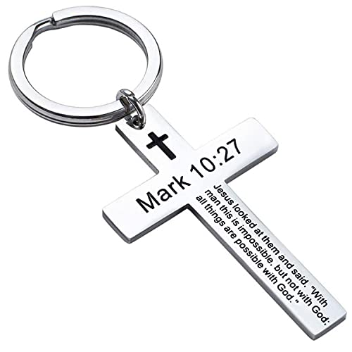 Ldurian Bible Verse Keychain Christian Cross Keychain for Women, Cross Key Chain for Men Religious Scripture - style: Mark 10:27