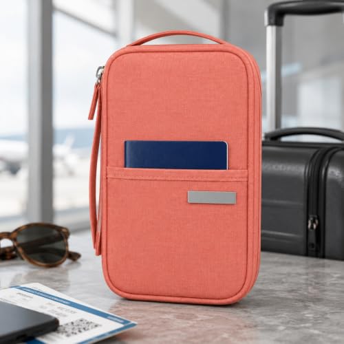 Passport Holder RFID Blocking Travel Document Organizer, Waterproof Zipper Travel Wallet with Wrist Strap, Portable Case for Cards, Boarding Passes & Tickets for Men & Women - color: Orange and pink
