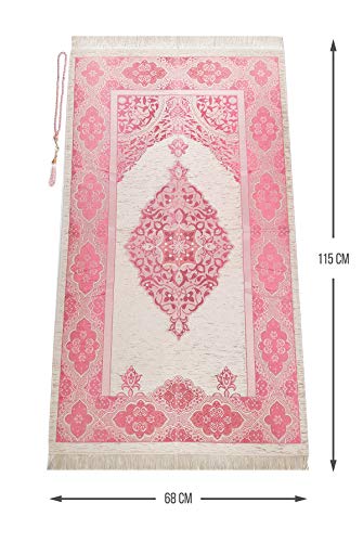 ihvan online Muslim Prayer Rug with 99 Beads Tasbih, Soft Chenille Sajadah, Lightweight & Foldable Janamaz, Portable Travel Prayer Mat, Islamic Gift for Eid, Ramadan, Hajj & Umrah, Fuchsia - color: Fuchsia