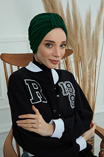 Aisha's Design Instant Turban Plain Cotton Scarf Head Wrap Lightweight Hat Bonnet Cap for Women - color: Dark Green