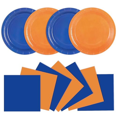 48Pcs Orange and Blue Paper Plates and Napkins Blue and Orange Party Decorations Dart War Birthday Party Supplies Colorful Disposable Tableware for Baby Shower Birthday Boys Girls Graduation Serves 24 - style: Orange and Blue