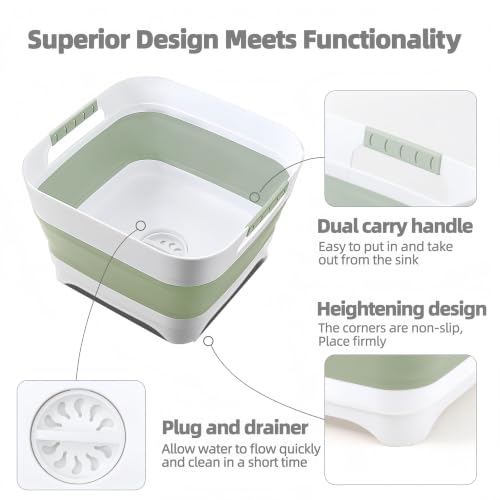 Collapsible Wash Basin for Baby Bottles - 2.4 Gallons Portable Wash Bin for RV Camping Sink, Space-Saving Dish Tub.Laundry & Utility Room Sinks (Green) - color: Green