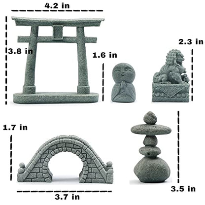 6 PCS Mini Zen Garden Accessories, Miniature Garden Bridge Foo Dogs Torii Gate Sandstone Figurines Meditation Zen Decor Japanese Fish Tank Terrarium Decorations Plant Pots Bonsai Craft Decor (M) - style: Garden