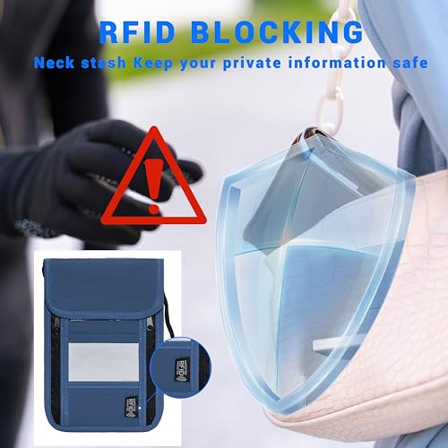 Travel Neck Wallet with RFID Blocking – Passport Holder Organizer Neck Pouch – Portable Easy to Conceal Travel Pouch (PVC Dark Blue) - color: PVC Dark Blue