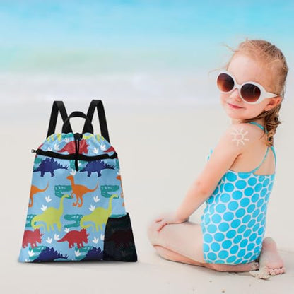 Dinosaur Drawstring Backpack, 15” x 17” Waterproof Swim Bag for Beach Swimming Pool, Lightweight Foldable Gym Bag with Water Bottle Holder for Sports Travel - color: Blue Cartoon Dinosaurs
