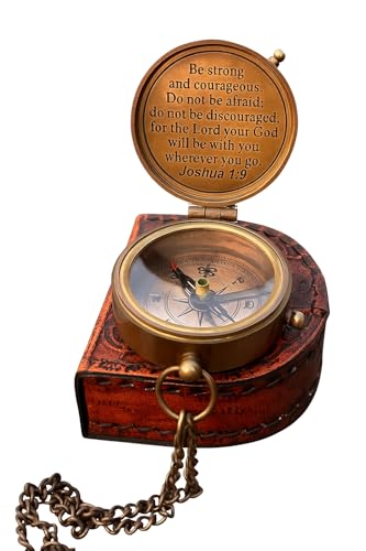 Be Strong and Courageous Engraved Compass | Brass Pocket Compass with Leather Case | Inspirational Gift for Son, Baptism, Graduation, Christian Gift for Men, Confirmation Present