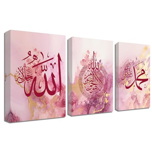 ZQQART Islamic Canvas Wall Art 3 Pieces Ayatul Kursi Allah Name Muhammad Picture Prints Abstract Arabic Calligraphy Muslim Art Poster Eid Gifts (Pink,12.00" x 16.00" x 3Pcs) - color: Pink, size: 12.00" x 16.00" x 3Pcs
