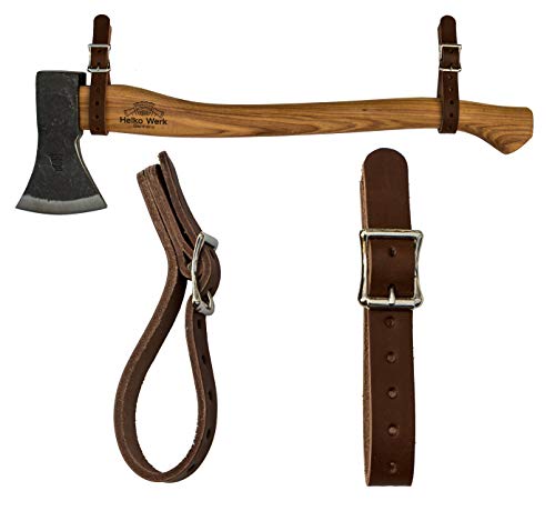 1844 Helko Werk Made in USA Genuine Leather Axe Hangers Pair Brown (8878A) | Frontier Collection Premium Leather Wall Hanging Straps Adjustable Buckle for Axes Hatchets Tools for Heavy Duty Display - color: Brown