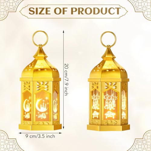 Retisee 2피스 17.8cm(7인치) 라마단 대형 이드 무바라크 랜턴 문 스타 벽걸이 LED 랜턴 홈 파티오 테이블 웨딩 센터피스 축제 장식용 (2가지 스타일, 전기 도금 골드) - color: 전기 도금 골드, size: 2 Styles