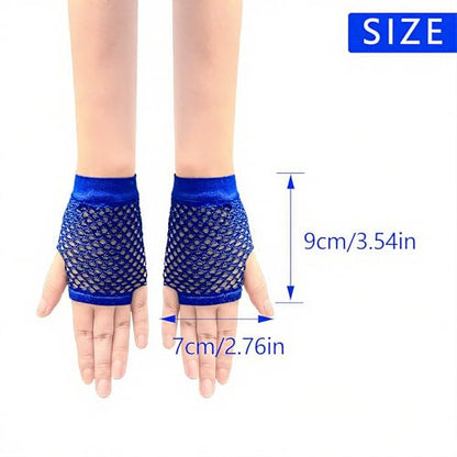 Short Fishnet Gloves for Women Fingerless Mesh Fishing Net Gloves 80s Fish Net Arm Sleeves Halloween Party Cosplay Costume - color: Royal Blue