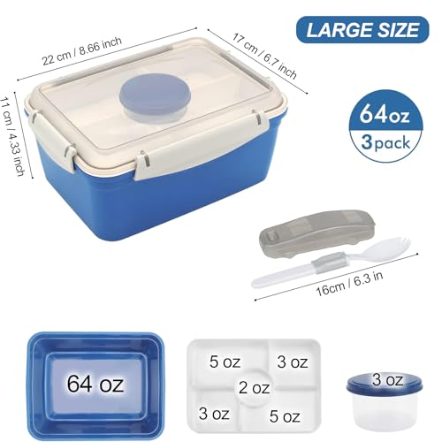 shopwithgreen LARGER Salad Containers To Go for Lunch (3 Pack), Bento Box with Dressing Pots & 5-Compartment Removable Tray, Microwave and Dishwasher Safe, BPA-free, 64 oz - color: Dark Green&Rose Red&Dark Blue
