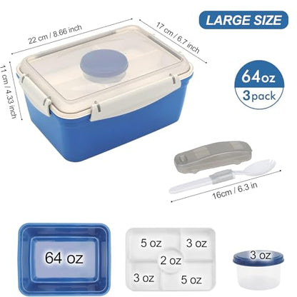 shopwithgreen LARGER Salad Containers To Go for Lunch (3 Pack), Bento Box with Dressing Pots & 5-Compartment Removable Tray, Microwave and Dishwasher Safe, BPA-free, 64 oz - color: Dark Green&Rose Red&Dark Blue