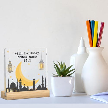 Mubarak Islamic With Hardship Comes Ease Acrylic Sign Decor Ramadan Mubarak Table Decor Muslim Gifts Acrylic Plaque Arabic Ramadan Tree Gifts for Men Women with Wood Stand 4 X 4 Inches - style: Art Deco