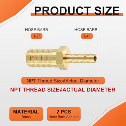 2 Pack Brass Hose Barb to Adapter with 4Pcs Stainless Steel Hose Clamp, 1/2" Barb x 1/4" for Industrial, Automotive, Fluid, Home Gardening, and Water Treatment - size: 1/2" Barb To 1/4" with Hose Clamp