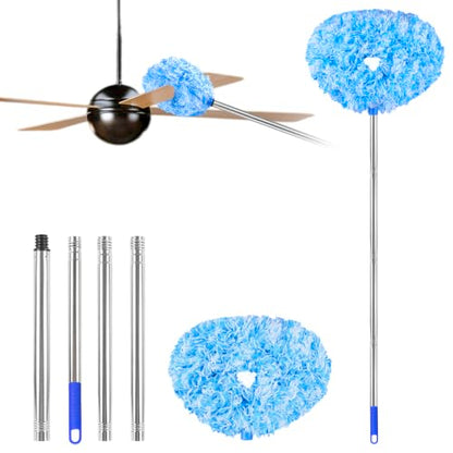 Ceiling Fan Cleaner Duster Reusable Microfiber Ceiling Fan Blade Cleaner Removable Duster with Extension Pole Adjusts 13 to 49.7 Inch for Cleaning Walls Furniture Door Window Top (Blue White) - color: Blue White