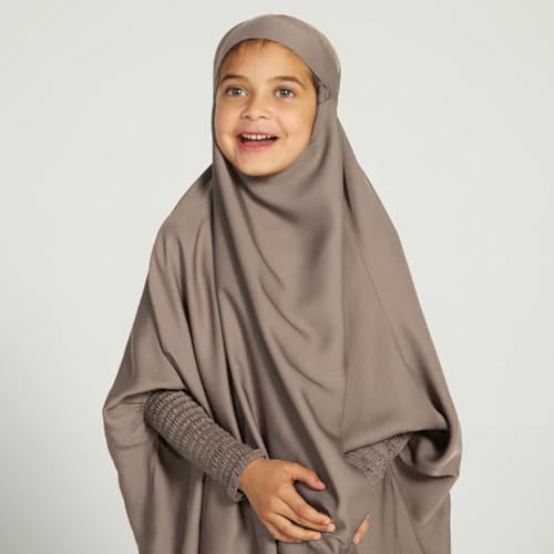 IDOPIP Muslim Dress for Girls One Piece Long Sleeve Islamic Prayer Dress with Hijab Casual Maxi Kaftan Abaya Gown Clothes - color: Light Coffee, size: 11-12 Years