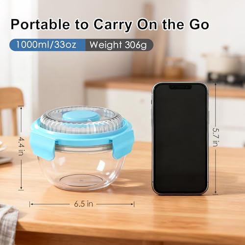 WHALEHOUSE Clear Eco-friendly SK chemicals ECOZEN Salad Container, 33OZ Portable Plastic Salad Bowls with Lid & Snack Tray, Leak-Proof Dressing Container, Reusable Fork, Lunch Box for Meal Prep (Blue) - color: Blue
