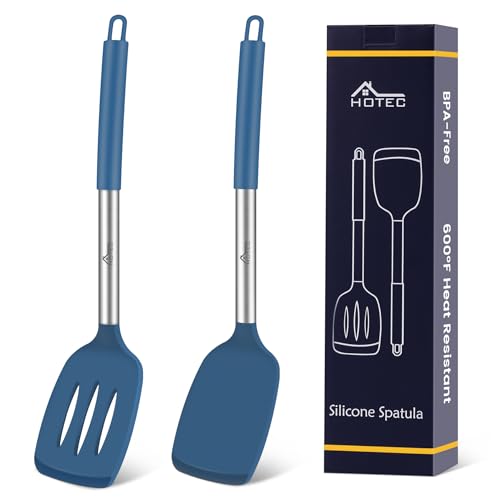 HOTEC Silicone Spatula Set of 2 Heat-Resistant 600°F & BPA-Free Kitchen SaptulaTurner with Stainless Steel Handles, Slotted & Solid Spatulas for Nonstick Cookware, 13.7 Inch, Classic Blue - color: Classic Blue