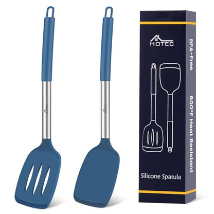 HOTEC Silicone Spatula Set of 2 Heat-Resistant 600°F & BPA-Free Kitchen SaptulaTurner with Stainless Steel Handles, Slotted & Solid Spatulas for Nonstick Cookware, 13.7 Inch, Classic Blue - color: Classic Blue