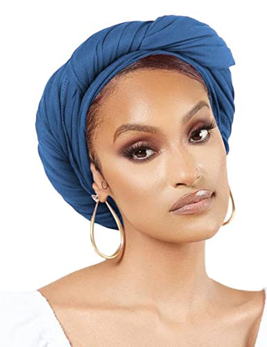 Nonbongoy Head Wraps for Black Women 71"x32" Long Soft Jersey Hijab Turban - color: 1- Denim Blue Headwrap
