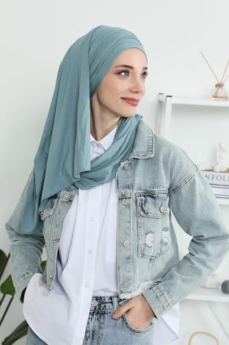 Aisha's Design Instant Hijab Scarves for Women, 95% Cotton Pretied Bonnet Turban Easy to Wear Cotton Headscarf - color: Dark Mint
