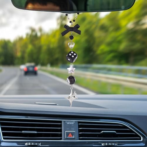 Black Bow Car Mirror Chain Y2k 8 Ball Star Beaded Hanging Charm | Y2k Aesthetic Hanging Charm With 8 Ball And Star Pendant. Beaded Car Rearview Mirror Chain. Cute Car Interior Decor - style: Star