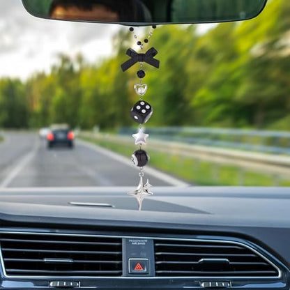 Black Bow Car Mirror Chain Y2k 8 Ball Star Beaded Hanging Charm | Y2k Aesthetic Hanging Charm With 8 Ball And Star Pendant. Beaded Car Rearview Mirror Chain. Cute Car Interior Decor - style: Star