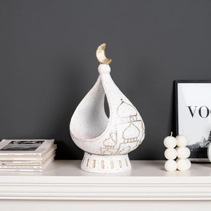 Decorative White Ceramic Moon Tealight Holder with Gold Accent, 8.66 x 5.51 inches - size: 5.51*5.51*8.66in