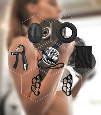 Hand Grip Strengthener Workout Kit (8 Pack) Forearm Grip Adjustable Resistance Hand Gripper, Finger Stretcher, Gyro Ball，Finger Exerciser, Grip Ring