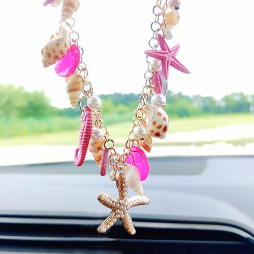 Sea Shell Rear View Mirror Accessories Hanging Charms, Starfish Conch Cute Car Accessories for Women/Men, Car Interior Decor Hanging Ornament, Ideal for Beach Vacation - color: Pink