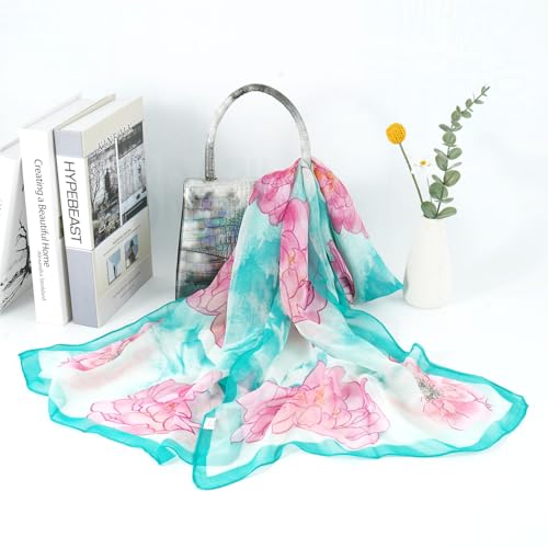 E-Clover Women Soft Floral Print Shawl Chiffon Sheer Scarf - color: Teal Pink-01