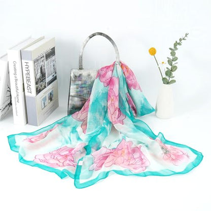 E-Clover Women Soft Floral Print Shawl Chiffon Sheer Scarf - color: Teal Pink-01