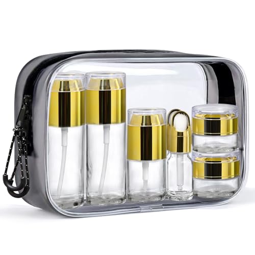 Glass Travel Bottles for Toiletries, TSA Approved, Leak Proof Refillable Travel Size Containers with Pump Spray Dropper Jars for Skincare Lotion Cream or Shampoo - color: Clear Glass Bottle with Gold Lid