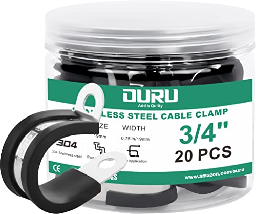 OURU 20pcs 3/4 Inch Stainless Steel Cable Clamps,Rubber Coated Cushioned Insulated Cable Clamp,Automotive Cable Wire Clamps,Pipe Clamps,Metal Clamp for Tube,Lines,Wire Cord Installation(Black,19mm) | 304 Stainless Steel, Anti-Vibration, Rust Resistant, Se
