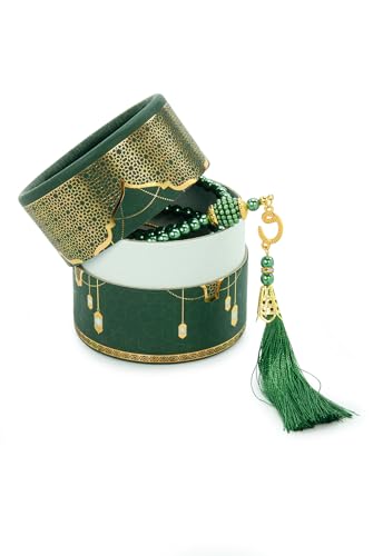 ihvan online Mini Quran & Tesbih Gift Set with Cylinder Box – 99 Pearl Muslim Prayer Beads, Misbaha Tasbeeh Sibha Mala – Islamic Ramadan, Eid & Mawlid Gift for Men & Women, Green - color: Green