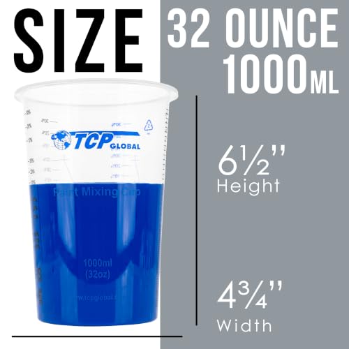 TCP Global 32 oz. (1000ml) Graduated Plastic Mixing Cups (Box of 25) - Disposable Plastic Measuring Cups for Liquids, Paints, Resin, Epoxy, Art, Kitchen - Ratios 2-1, 3-1, 4-1 ML