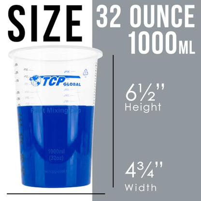 TCP Global 32 oz. (1000ml) Graduated Plastic Mixing Cups (Box of 25) - Disposable Plastic Measuring Cups for Liquids, Paints, Resin, Epoxy, Art, Kitchen - Ratios 2-1, 3-1, 4-1 ML