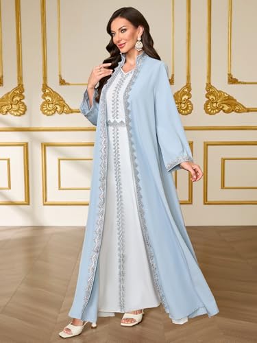 Elegant Muslim Dress Traditional Islamic Attire Maxi Robe Eid Prayer Gown - color: Light Blue, size: Small