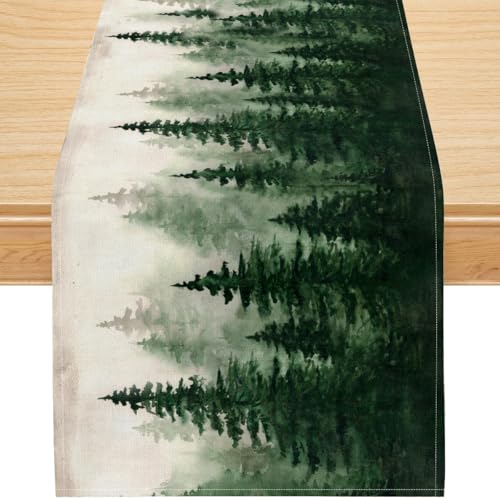 Forest Pine Tree Table Runner, Green Watercolor Evergreen Landscape Linen, Rustic Cabin Lodge Coffee Table Decor, Washable, 13x36 Inch - color: Green Forest, size: 13x36inch