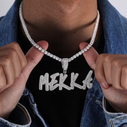 Lulu Mel Iced Out Personalized Cursive Name Necklace For Trendy Women, Custom Handmade Nameplate Pendant With Cuban Link Chain, White Gold Plated Hip Hop CZ Diamond Jewelry Gifts - color: Silver