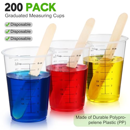 Yunsailing 200 Pack 8 oz Disposable Measuring Cups for Resin Epoxy | Bulk Clear Plastic Reusable Liquid Mixing Cups for Craft Resin Paint Cooking and Baking Supplies