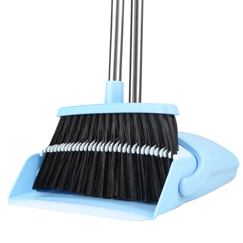 BSKLIN Broom and Dustpan Set for Home, 52" Long Handle Broom Set with Dustpan Teeth to Clean Hair Sweeping Indoor and Outdoor (Blue) - size: Small-Blue