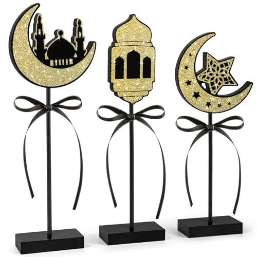 3 Pieces Ramadan Decorations Eid Mubarak Table Decor Wooden Set, Islamic Ramadan Tiered Tray Decor for Muslim Party Tabletop Decor Home (Shiny) - style: Ramadan Shiny
