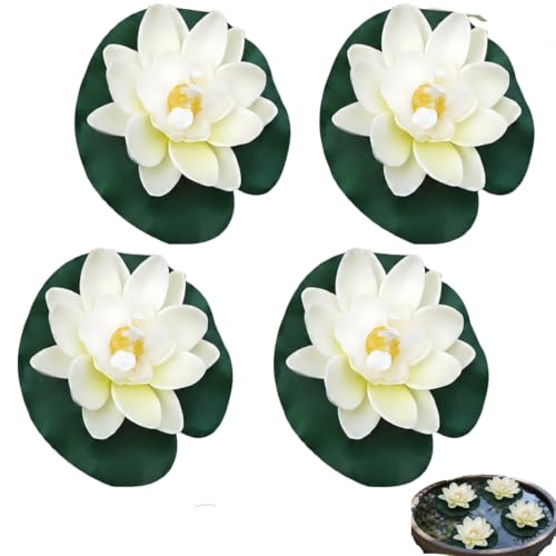 4Pcs Floating Foam Lotus Flowers with Lily Pads, Artificial Pond Plants Ornaments for Pool Aquarium Water Decoration