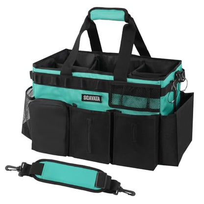 SCAVATA Wearable Cleaning Caddy Bag, Cleaning Caddy Supplies Organizer with Handle & Shoulder Straps for Housekeepers, Under Sink & Car Cleaning Tool Organizers with 4 Foldable Divider (Lake Blue) - color: Lake Blue