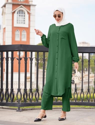 ODIZLI Women's Muslim 2 Pieces Sets Long Sleeve Button Down Shirt and Pants Abaya Casual Dress Dubai Outfits - color: Emerald Green, size: 3X-Large